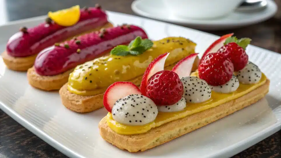 Éclairs à la mousse de fruits au yuzu et pitaya